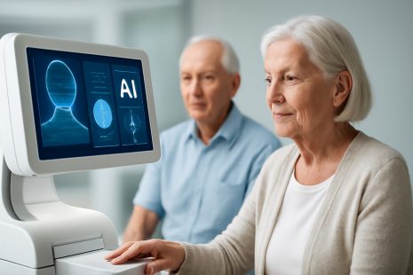 AI generated elderly couple undergoing a health checkup using AI-powered diagnostics in a modern medical facility. Focus on health and technology in senior care.